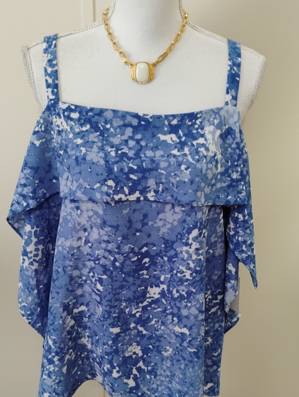 Halston Heritage Blue Printed Off-Shoulder Blouse